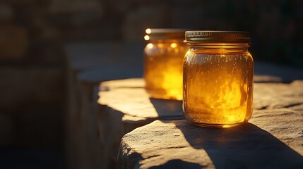 Wall Mural - Golden liquid filled glass jars sit on stone