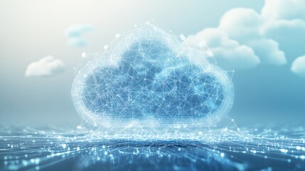 Poster - a large cloud icon in the center, showcasing intricate internal connections and a network of lines emanating from it. The background is a soft gradient of azure and white,