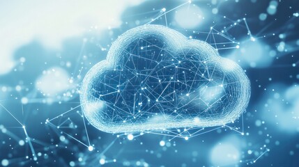 Poster - a large cloud icon in the center, showcasing intricate internal connections and a network of lines emanating from it. The background is a soft gradient of azure and white,