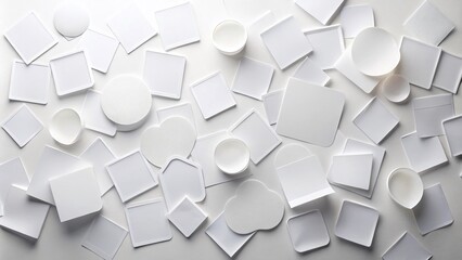 Poster - Set of White Paper Stickers on a Minimalist White Background, Perfect for Creative Projects, Branding, and Custom Designs, Showcasing Versatility and Clean Aesthetic Appeal