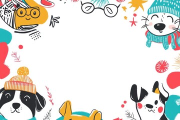 Aufkleber - Colorful doodles of various dog breeds wearing hats and accessories create a playful and cheerful vibe, perfect for dog lovers of all ages. Generative AI