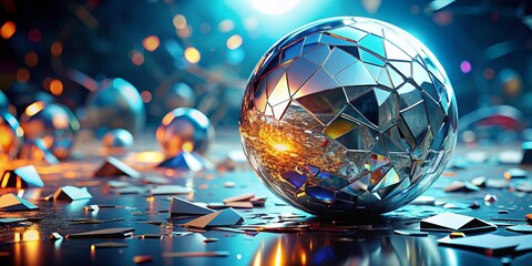 Poster - Shattered Silver Glass Sphere in an Abstract 3D Environment with Dynamic Reflections and Copy Space for Creative Use in Design Projects