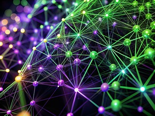 Poster - Side Profile Macro Photography of Luminous Violet and Green Network Nodes Showcasing Intricate Details and Vibrant Colors in a Modern Digital Aesthetic