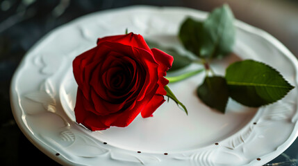 Red rose on a white dish, meal for Valentine's Day.