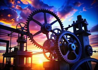 Poster - Silhouette of Complex Industrial Machinery with Intricate Gears and Components Against a Dusk Sky, Showcasing the Beauty of Engineering and Design in a Minimalist Style
