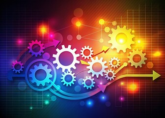Poster - Silhouette Photography Depicting Workflow Progress Infographic with Creative Design Elements, Arrows, and Abstract Shapes to Illustrate Productivity and Efficiency Concepts