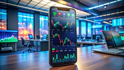 Poster - Smartphone Trading App Displaying Watchlist of Favorite Stocks with Market Performance Indicators and News Alerts in a Modern Financial Environment