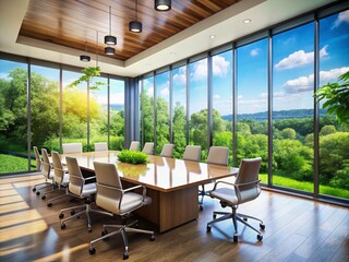 Poster - Spacious Modern Conference Room Bathed in Natural Light with Large Windows and a Minimalist Design for Collaborative Meetings and Professional Gatherings