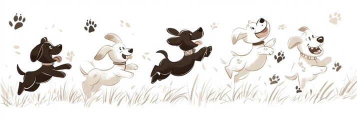 Poster - Five adorable doodle dogs run joyfully across a grassy field, capturing the essence of happiness and playfulness on a bright day. Generative AI