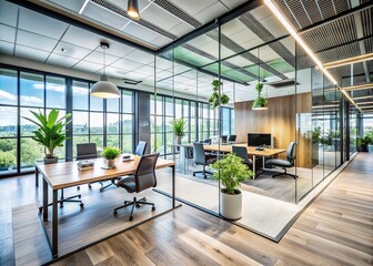 Poster - Spacious Modern Office Interior with Glass Wall and Minimalist Design, Featuring Natural Light, Perfect for Corporate Settings and Creative Work Environments