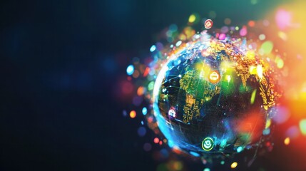 Poster - a network of glowing search icons orbiting around it, representing global internet connectivity. The background is a dynamic blend of colors,