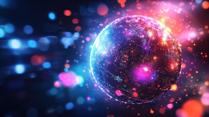 Poster - a network of glowing search icons orbiting around it, representing global internet connectivity. The background is a dynamic blend of colors,