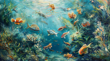 Wall Mural - an enchanting encaustic painting portraying a vibrant underwater scene, with schools of tropical fis