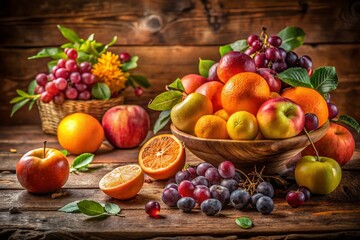 Poster - Still Life Composition of Lush Vibrant Fruits on Rustic Wooden Table with Warm Light, Perfect for Home Decor and Culinary Inspiration