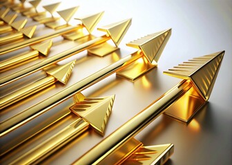 Poster - Stunning 3D Illustration of Isolated Gold Arrows on a White Background Captured in Low Light, Highlighting Unique Textures and Details for Artistic Use and Design Inspiration