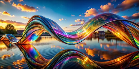 Poster - Stunning 3D Ribbon Glass Hologram of Abstract Wave Shape Rendered with Drone Photography, Showcasing Vibrant Colors and Intricate Light Reflections in a Modern Aesthetic