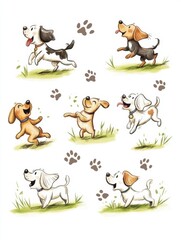 Poster - Various dogs with different expressions run and play joyfully in a grassy area, showcasing their fun-loving nature and energy. Generative AI
