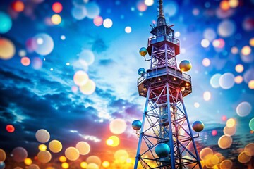 Poster - Stunning Communications Tower Against a Clear Blue Sky with Bokeh Effect, Showcasing Modern Radio Mast Technology and Connectivity in Urban Landscapes