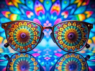 Poster - Stunning Designer Glasses with Kaleidoscope Lenses Displayed on a Vibrant Blue Background, Showcasing Unique Patterns and Textures in Macro Photography