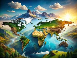 Poster - Stunning Double Exposure of a World Map Merging with Physical Topography, Showcasing Detailed Illustrations of Mountains, Valleys, and Oceans for Educational and Artistic Use