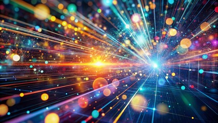 Poster - Stunning Double Exposure Photography of a Digital Abstract Background Showcasing Shining Multicolored Particles in Motion, Representing Advanced Scientific Technological Networking Capabilities
