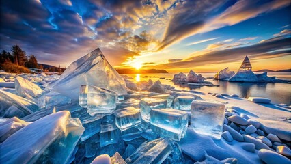 Poster - Stunning Landscape of a Heap of Crashed Ice on a White Background, Showcasing the Intricate Textures and Unique Formations of Ice in a Serene and Minimalistic Setting