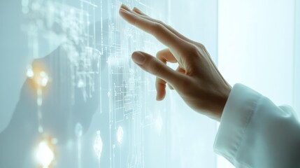 Poster - a hand interacting with a transparent touchscreen interface featuring quantum AI data visualizations