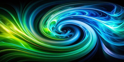 Poster - Stunning Low Light Photography of Blue and Green Swirls on Black Background with White Swirl on the Left, Capturing the Beauty of Abstract Light Patterns in Dark Environments