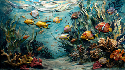Wall Mural - an enchanting encaustic painting portraying a vibrant underwater scene, with schools of tropical fis