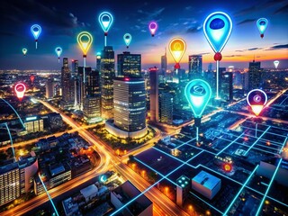 Poster - Stunning Night Photography of Navigation Animation with Map Pointers Illuminated in a Cityscape, Showcasing 4K Resolution and Dynamic Location Tracking Elements