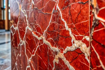 Poster - Stunning Red Marble Slab Background with Intricate Crack Patterns Ideal for Urban Exploration Photography and Textured Surface Design Projects