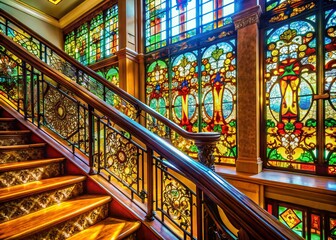 Poster - Stunning Stained Glass Railing Concept Showcasing Intricate Patterns and Textures for Artistic Staircase and Balcony Design in Documentary Photography Style