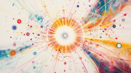 Poster - physics, showcasing vibrant energy fields and intricate patterns radiating from a central nucleus,