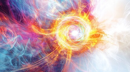 Poster - physics, showcasing vibrant energy fields and intricate patterns radiating from a central nucleus,