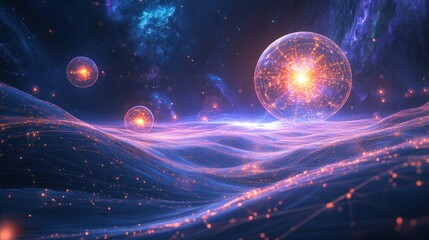 Fototapete - energy, with glowing orbs floating in a dark space, connected by shimmering lines of light. The backdrop is a cosmic landscape,