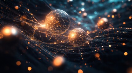 Fototapete - energy, with glowing orbs floating in a dark space, connected by shimmering lines of light. The backdrop is a cosmic landscape,