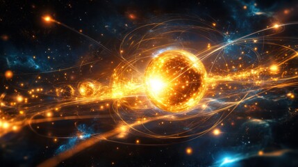 Fototapete - energy, with glowing orbs floating in a dark space, connected by shimmering lines of light. The backdrop is a cosmic landscape,