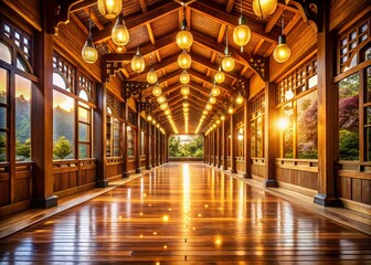 Poster - Stunning Wooden Hall Architecture with Bokeh Effect: A Serene Space Blending Natural Elements and Modern Design in a Captivating Atmosphere