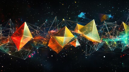 Poster - geometry illustrating the concept of entanglement through a web of colorful lines connecting various geometric shapes.