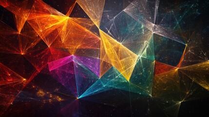 Poster - geometry illustrating the concept of entanglement through a web of colorful lines connecting various geometric shapes.