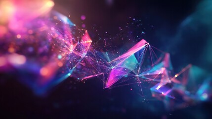 Poster - geometry illustrating the concept of entanglement through a web of colorful lines connecting various geometric shapes.