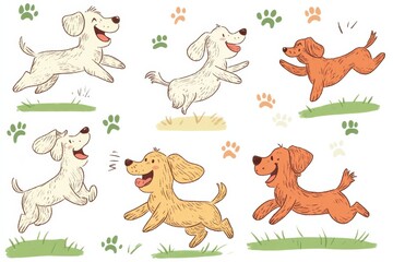Poster - Colorful doodles depict joyful dogs running and playing in a grass-filled area, filling the scene with energy and whimsy. Generative AI