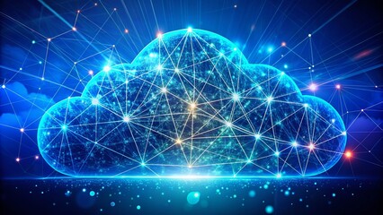 Poster - Stylized Cloud Symbol with Digital Connections on Blue Background Representing Cloud Computing and Data Networking in a Modern Technological Context