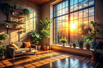 Poster - Sunlight Streaming Through a Window: Captivating Play of Light and Shadows in an Inviting Room, Highlighting the Beauty of Natural Illumination and Interior Space Design