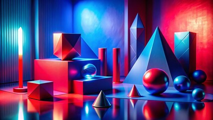 Poster - Surreal Abstract Geometric Shapes in Vibrant Red and Blue Backgrounds Creating a Dreamlike Visual Experience for Modern Art Enthusiasts and Designers
