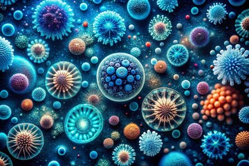 Poster - Surreal Abstract Ink Prints with Inky Blots Resembling Viruses or Bacteria in Cyan on Dark Blue Background for Unique and Eye-Catching Design Elements