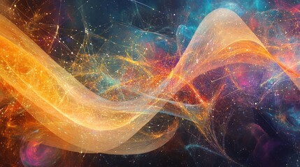 Poster - geometry, featuring a network of interconnected points and lines that create a sense of infinite complexity. The background is filled with swirling patterns of light and color