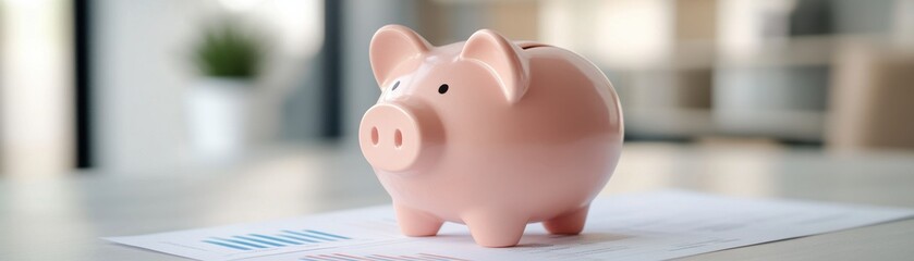 Wall Mural - A cute pink piggy bank sits on a table, symbolizing savings and financial planning in a modern, bright environment.