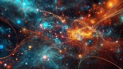 Poster - geometry, featuring a network of interconnected points and lines that create a sense of infinite complexity. The background is filled with swirling patterns of light and color