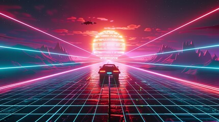 Poster - A retro-futuristic landscape with a car driving down a glowing road.